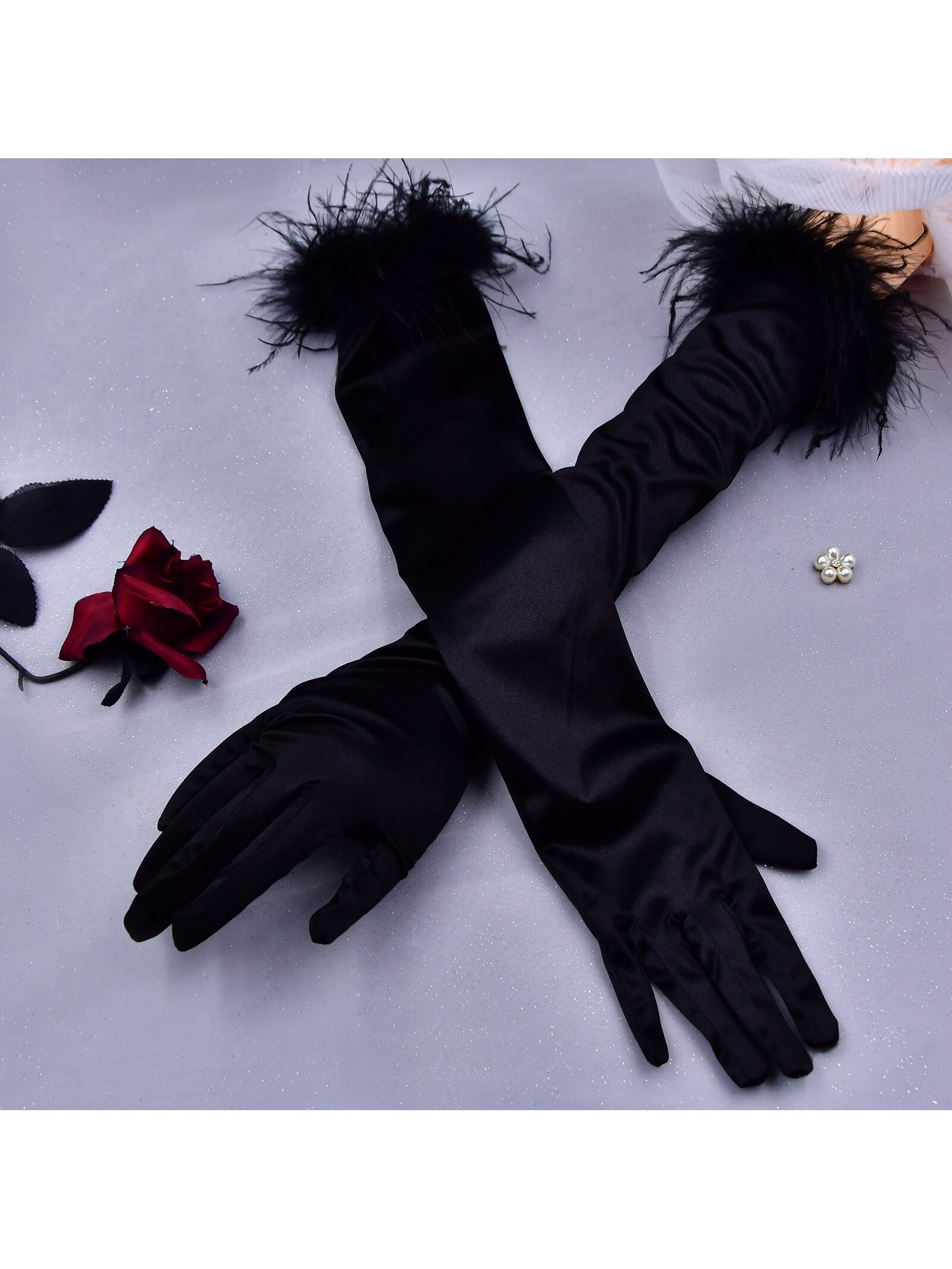 1 Pair Bridal Satin & Feather Fingerless Gloves With Medium Length For Wedding & Party Dress Deco... | SHEIN