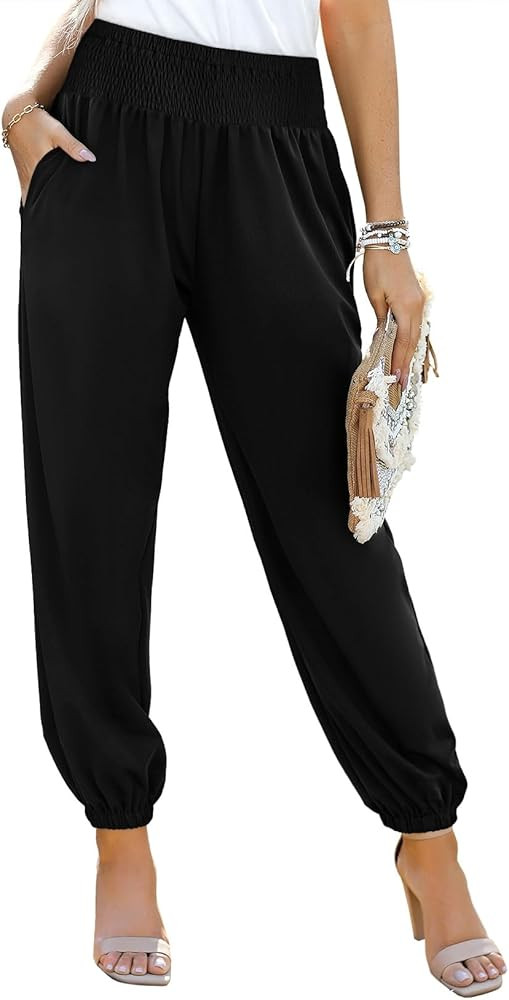 Dokotoo Womens High Waisted Pants Summer Casual Loose Wide Leg Palazzo Flowy Beach Trousers with ... | Amazon (US)
