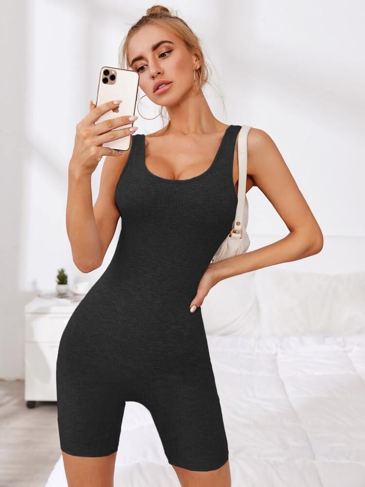Ribbed Form-Fitting Tank Romper | SHEIN