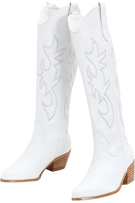 Richealnana Cowboy Boots for Women Embroidered Square Toe Distressed Pull-On Cowgirl Knee High Weste | Amazon (US)