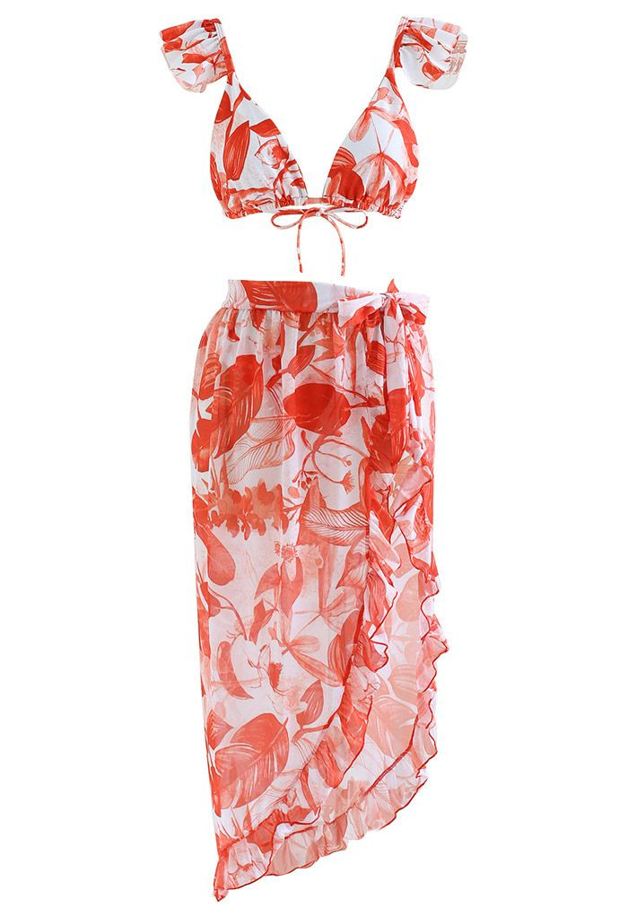 Rainforest Vibe Flutter Strap Bikini Cover-Up Set in Orange | Chicwish