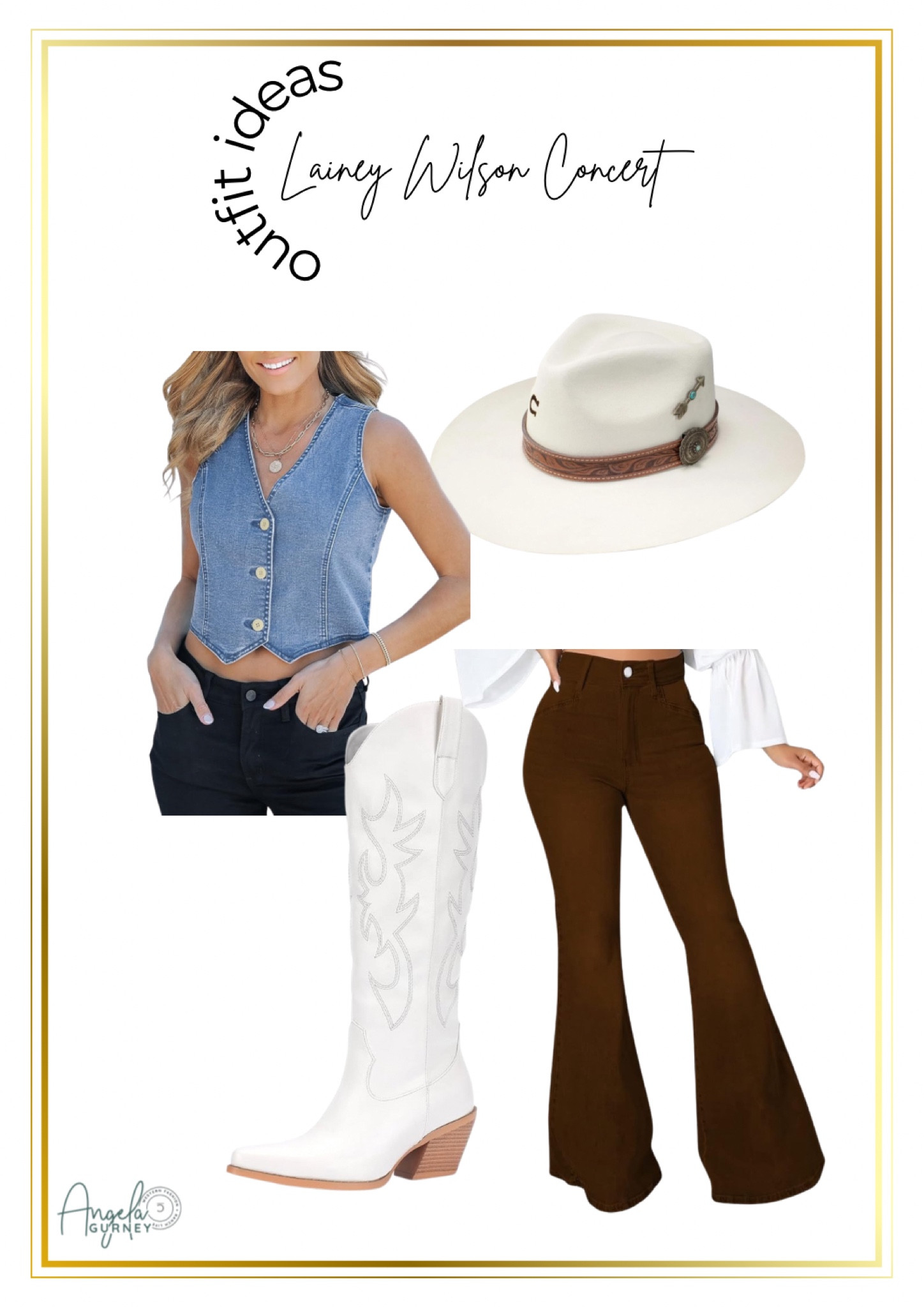 Affordable Lainey Wilson concert inspo - country concert outfit - western fashion 

Bell bottom jeans
Flare denim
Denim vest
White cowgirl boots
Cowgirl hat
Concert outfit
Rodeo outfit


#LTKFindsUnder50 #LTKStyleTip