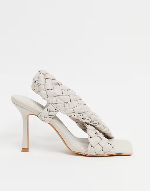 ASOS DESIGN Nock woven cross strap heeled sandals in off white | ASOS (Global)