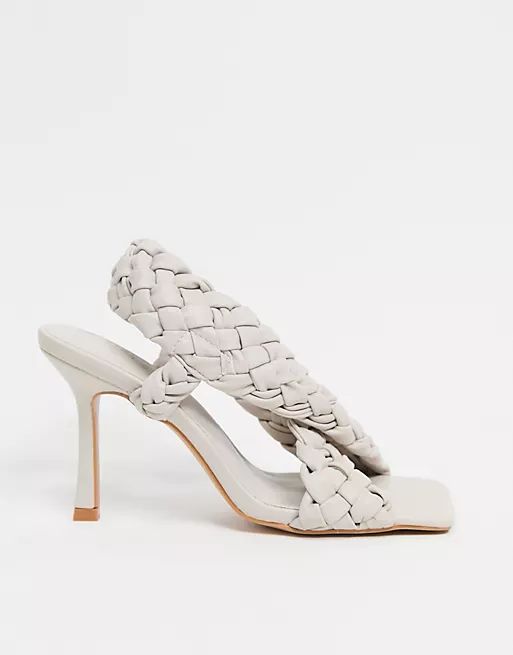 ASOS DESIGN Nock woven cross strap heeled sandals in off white | ASOS (Global)