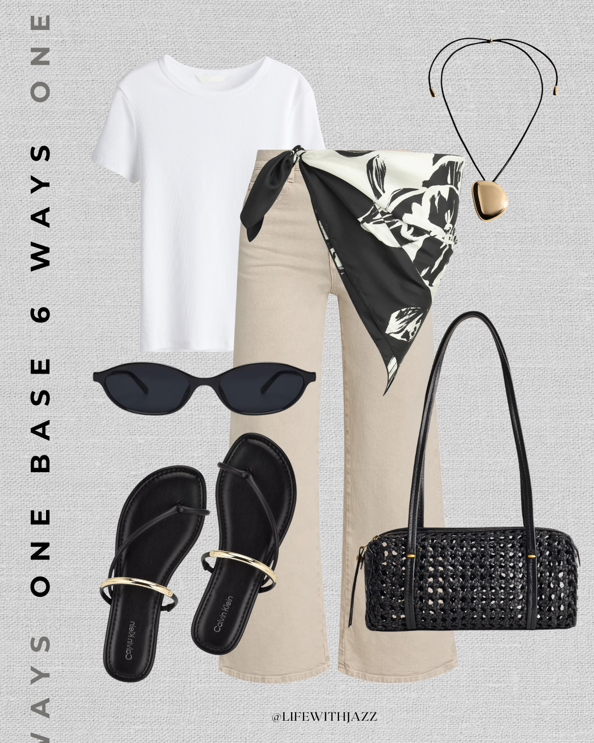 1 base 6 ways outfit with beige jeans 

spring style / summer style / casual style / beige wide leg jeans / ribbed tee / scarf / oval sunglasses / strappy sandals / woven purse  

 

#LTKootd