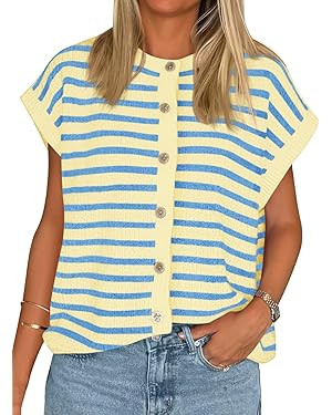 Cicy Bell Womens Striped Cap Sleeve Sweater Vest Crew Neck Button Down Cardigan Cute Knit Tops | Amazon (US)