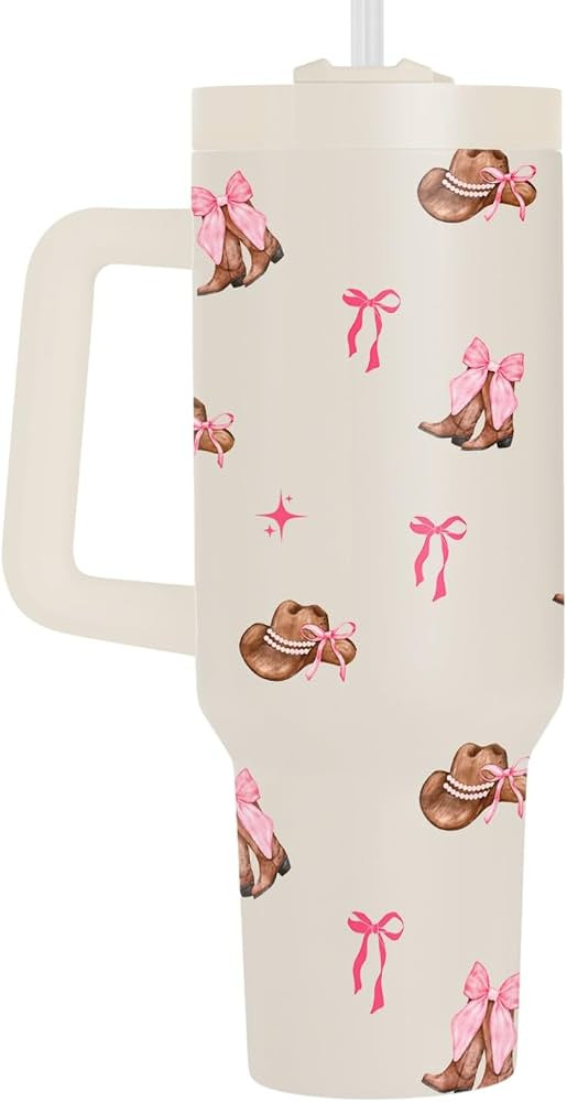 Fancyfams 40oz Western Tumbler with Handle, Brown Cowboy Boots & Hats with Pink Bows, Coquette Ae... | Amazon (US)
