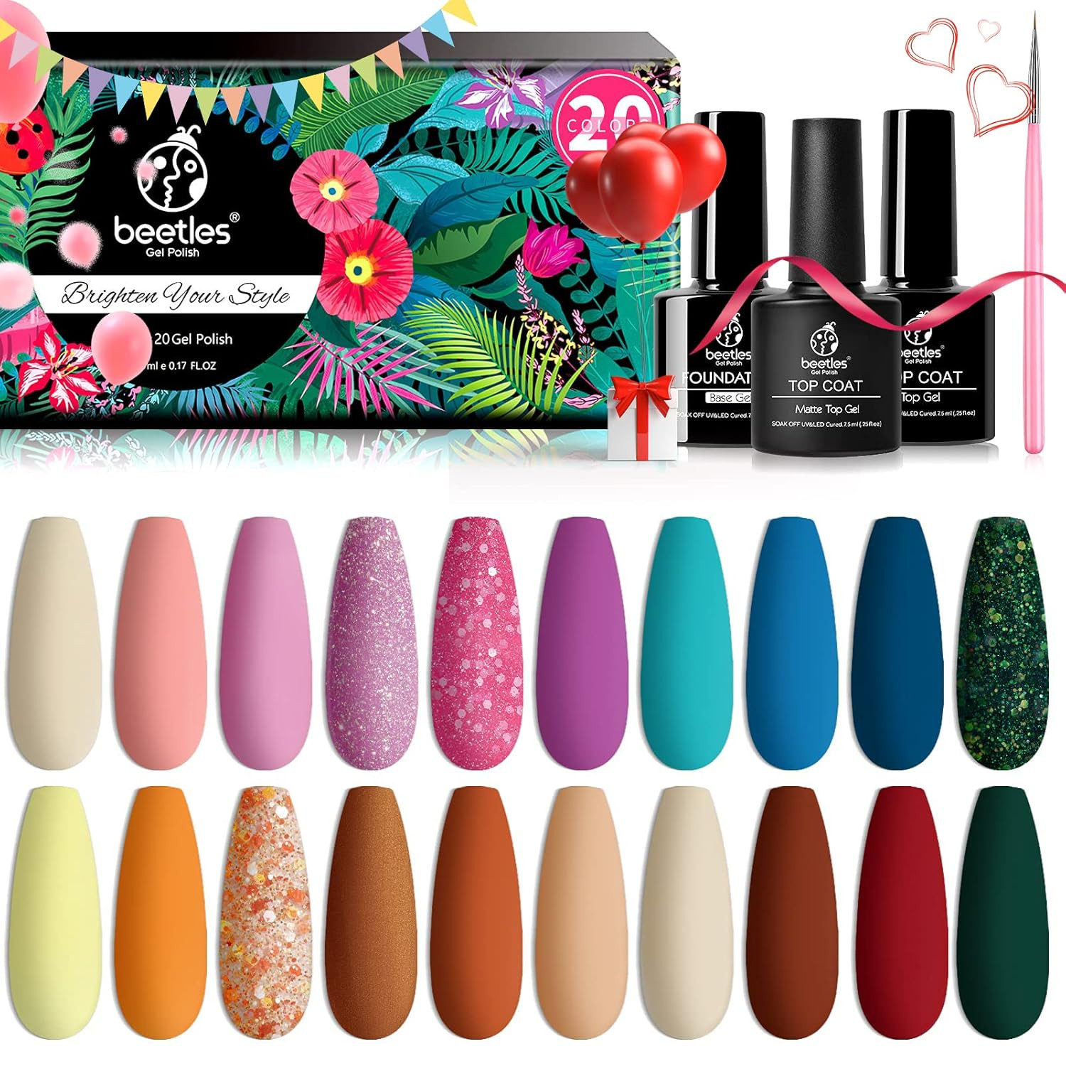 Beetles Gel Nail Polish Kit, Retro Beloved Collection 20 Pcs Nail Polish Nude Pink Glitter Gel Po... | Amazon (US)