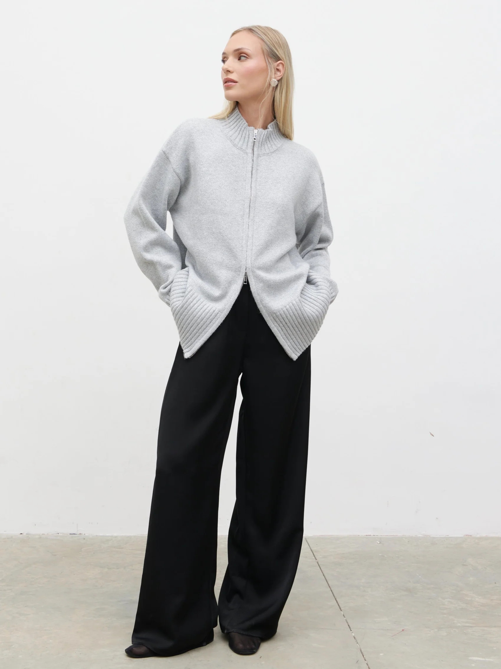 Claudia Double Ended Zip Knit Cardigan - Light Grey | Pretty Lavish (UK)