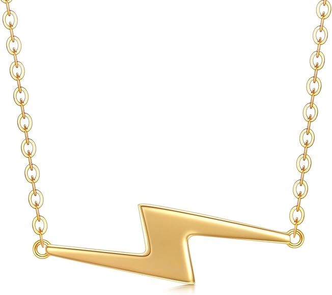 Lightning Bolt Necklace 14k Solid Gold Charm Pendant Choker Necklaces for Women 16" | Amazon (US)