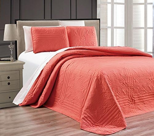 Grand Linen - 3-Piece Coral Oversize Stella Grande Bedspread King/Cal King Embossed Coverlet Set ... | Amazon (US)
