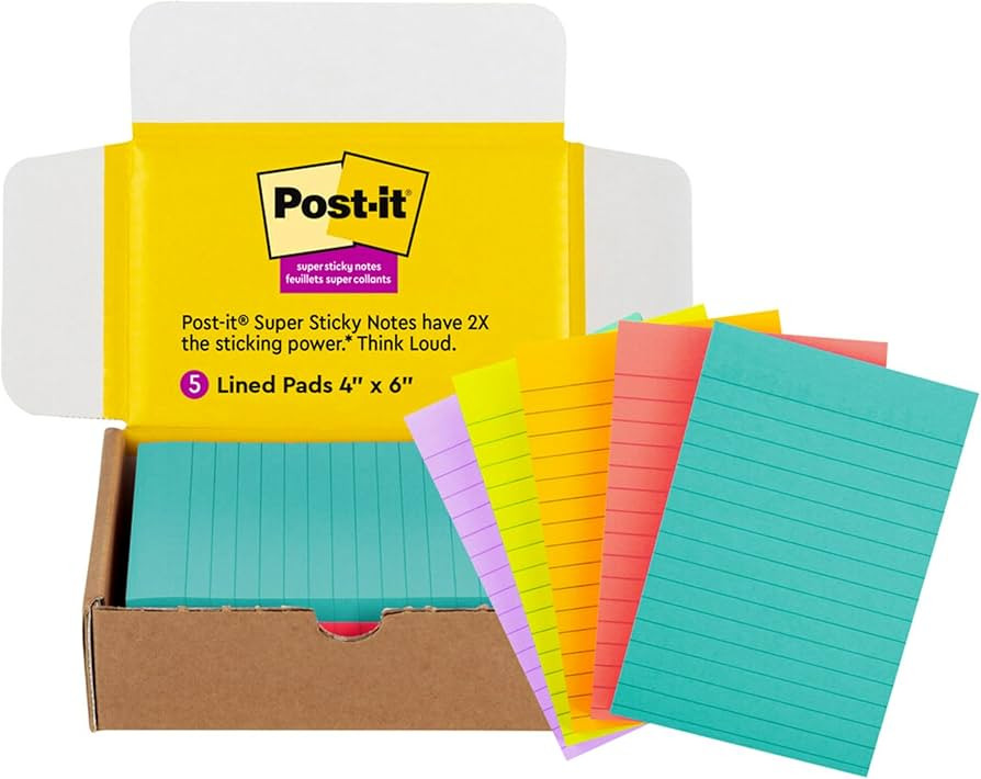 Post-it Super Sticky Lined Notes, 5 Sticky Note Pads, 4x6 in, 2X the Sticking Power, Back to Scho... | Amazon (US)
