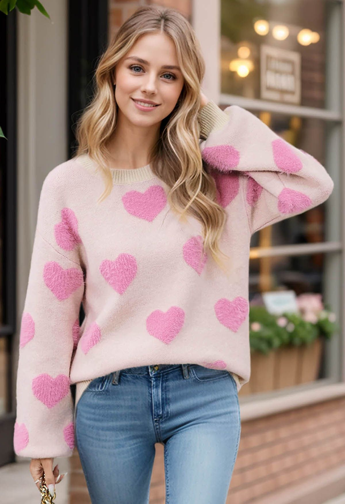 Contrast Fuzzy Heart Crew Neck Knit Sweater in Light Pink | Chicwish