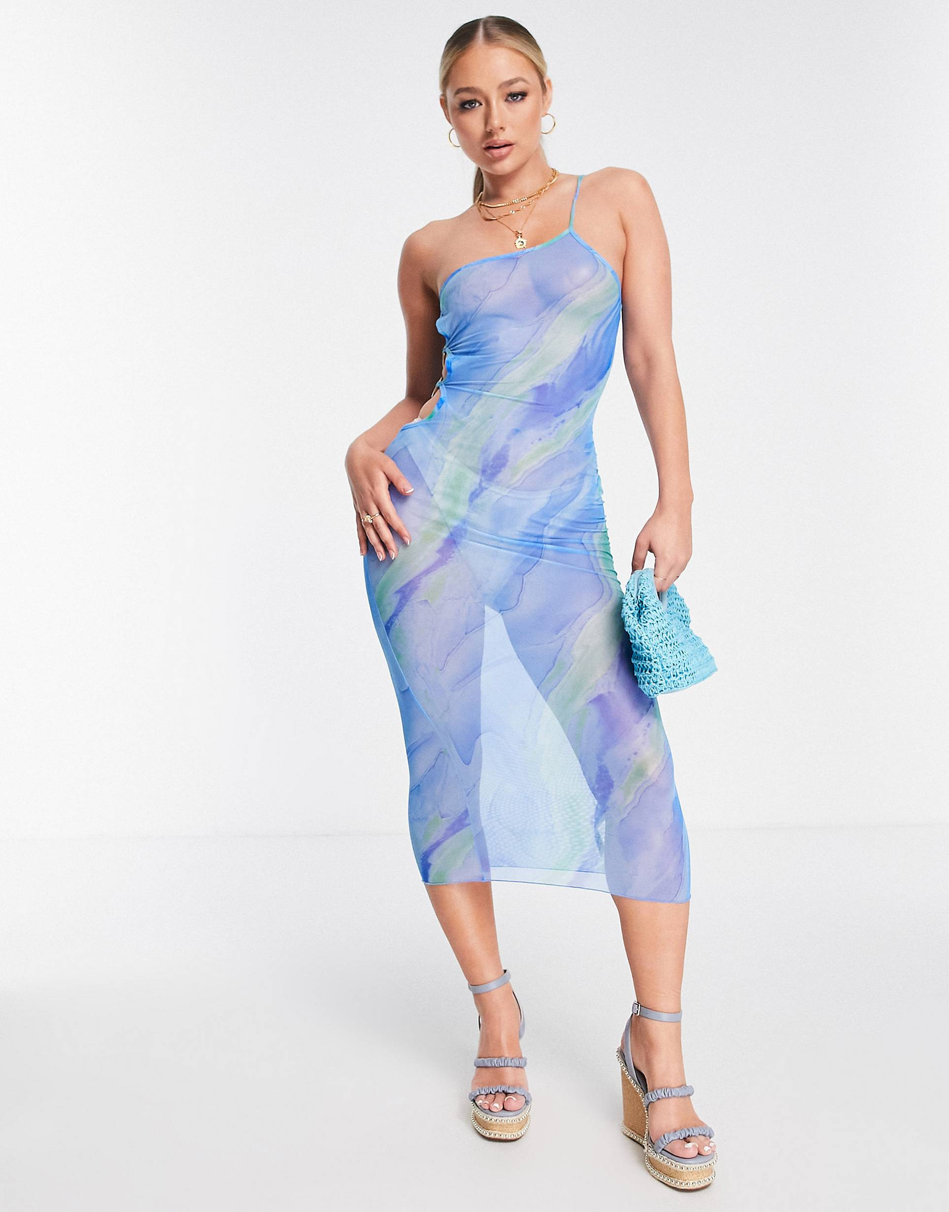 ASOS DESIGN one shoulder mesh beach midi dress in blue swirl | ASOS (Global)