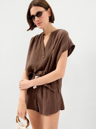 Short-Sleeve Crinkle Gauze Popover Top | Old Navy (US)