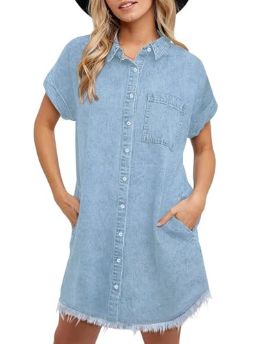 LOOKUB Denim Shirt Dresses for Women 2025 Button Up Lapel Short Sleeve Mini Blue Jean Dress with Side Pockets Frayed Hem,Lightblue,XL | Amazon (US)