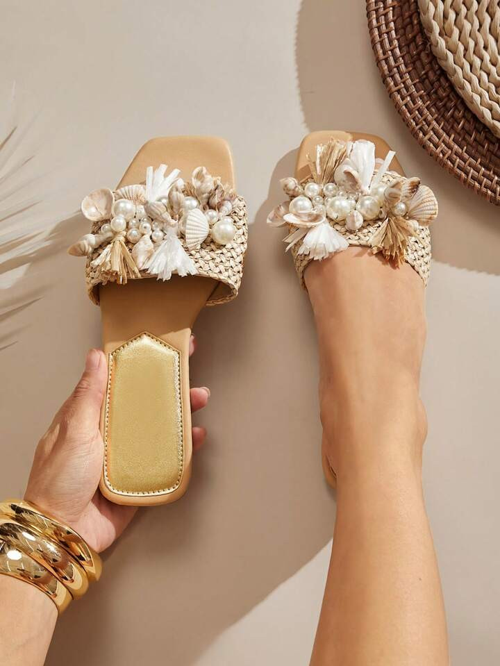 SHUZIA Women's Square Toe Glamorous Sea Shell Decor Vacation Sandal Spring Shoes Spring Break Easter | SHEIN
