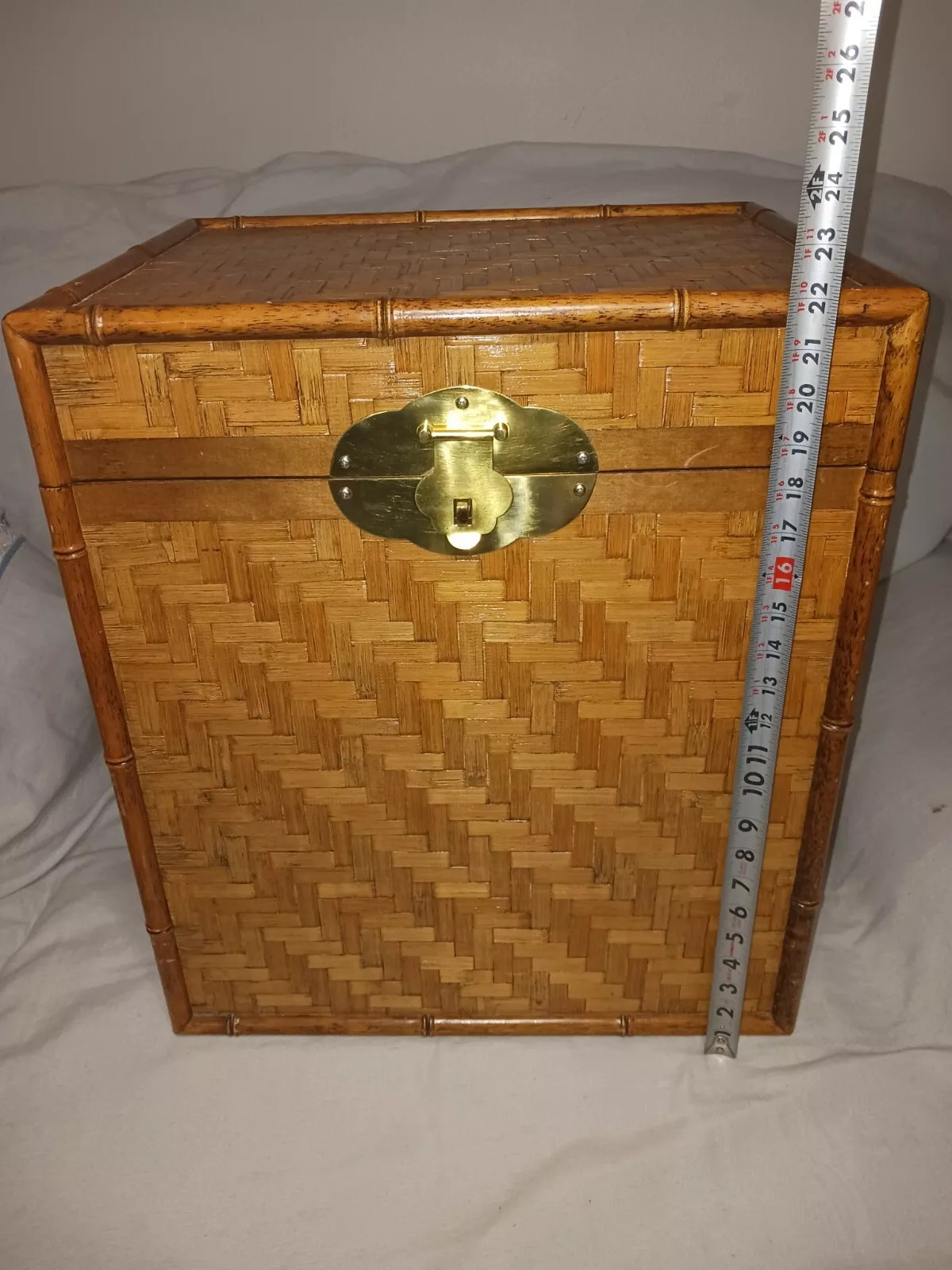 Vintage Chinoiserie Bamboo Chest Cube Trunk Table Herringbone Woven Wicker 22” T | eBay US