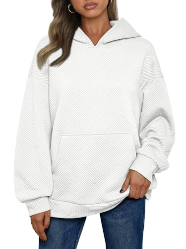 Trendy Queen Womens Hoodies Oversized Sweatshirts Checkered Ribbed Sweaters Fleece Pullover Fall Fashion Clothes with Pockets White M | Amazon (US)