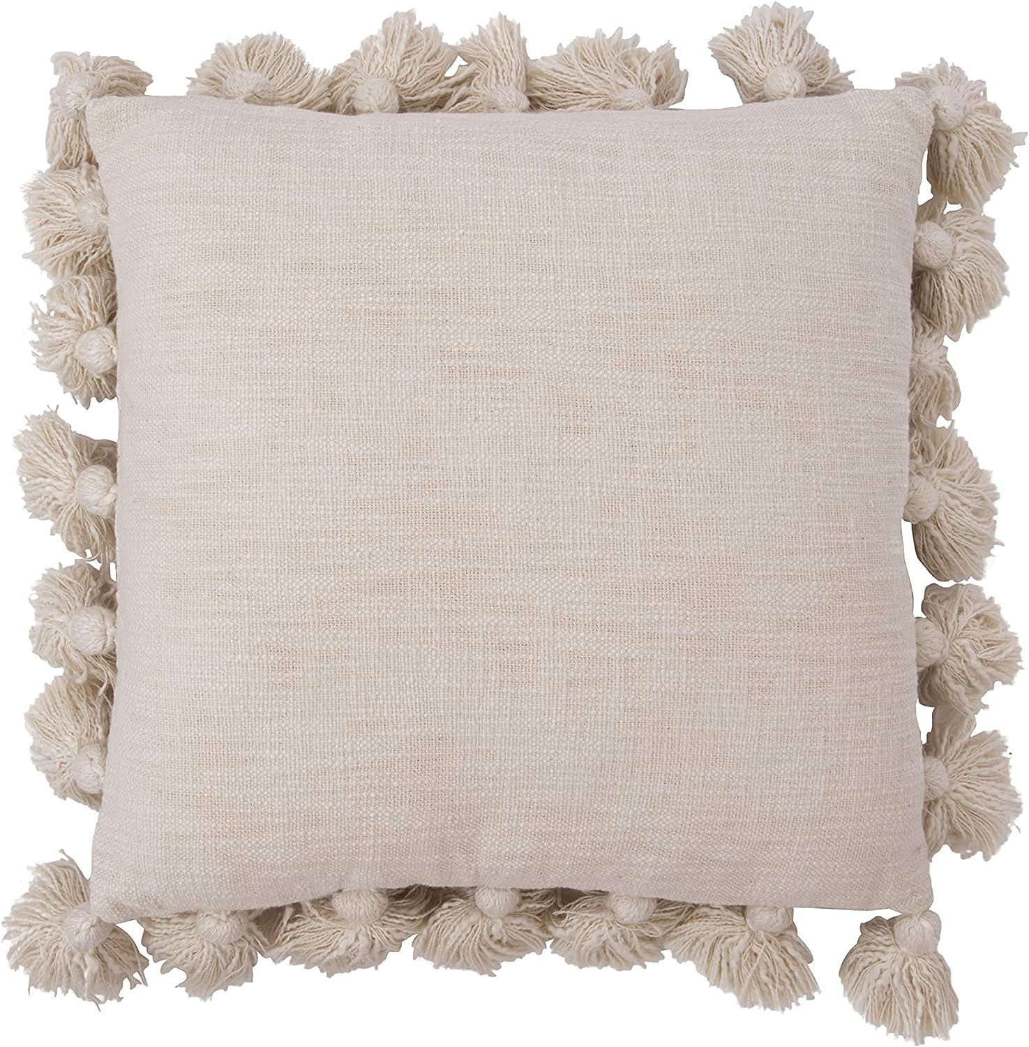 Creative Co-Op Woven Cotton Slub Pillow with Tassels, Cream | Amazon (US)