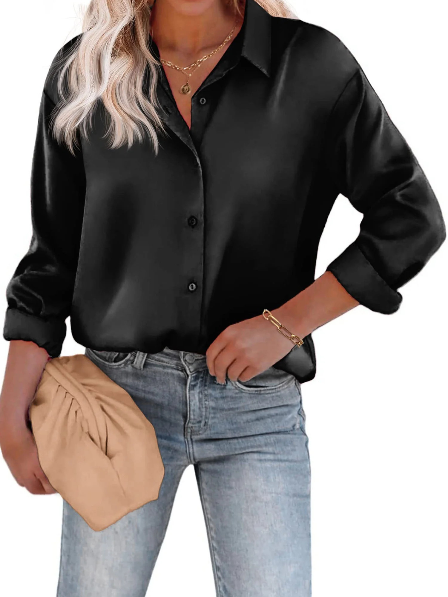 Avamo Button Down Shirts for Women Satin Long Sleeve V Neck Office Slim Fit Blouses Casual Busine... | Walmart (US)