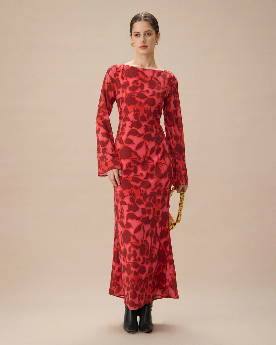 Red Floral Bell Sleeve Maxi Dress | rihoas.com