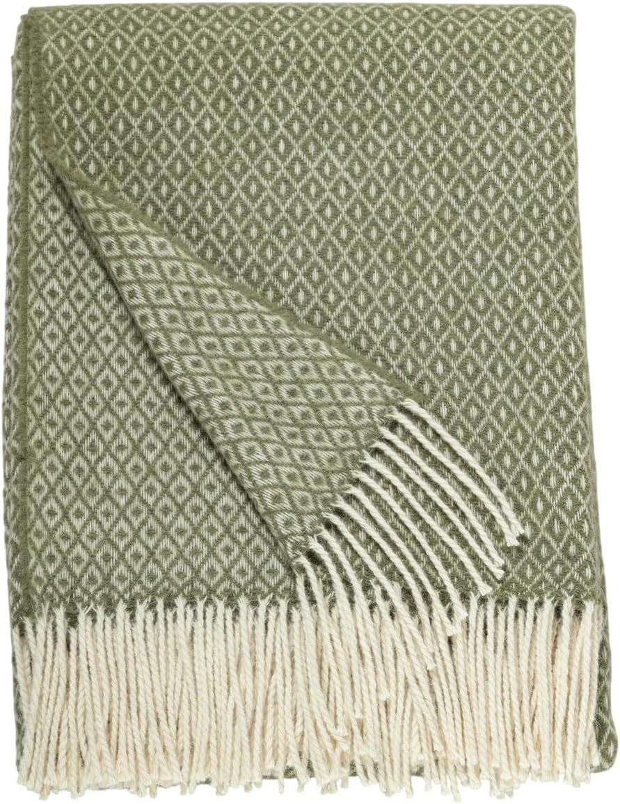 Ukrainian 100% Wool Throw Blanket – Handmade Elegant Cozy Fringed Wool Blanket for Couch, Bed, Sofa & Home Decor, Durable Plaid Herringbone Weave, Fair Trade Artisan Made (Green Tea, Diamond) | Amazon (US)