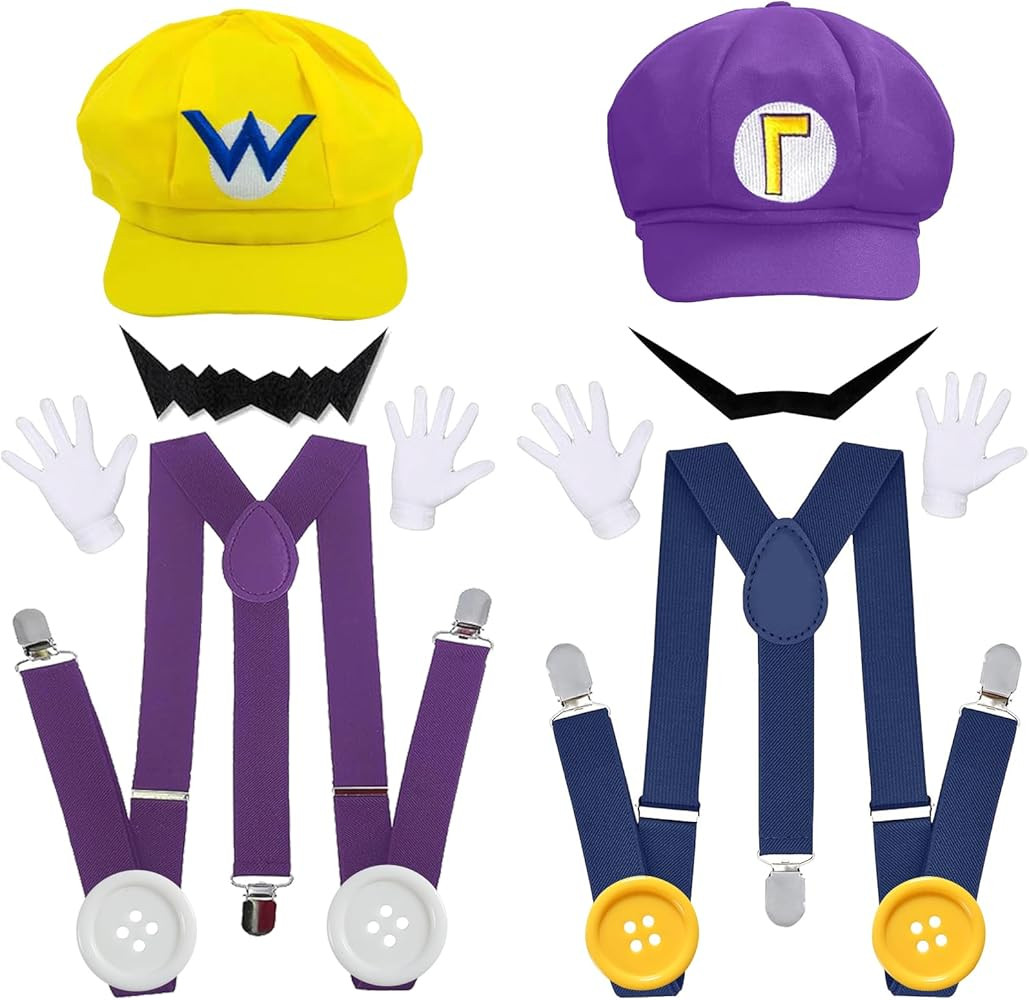ratote Mari and Luigi Wari and Waluig Costume for Adult,Women and Men - Hats, Mustache, Gloves, B... | Amazon (US)