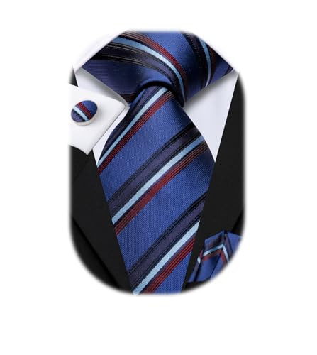 Hi-Tie Mens Red Blue Tie Sets Silk Paisley Striped Necktie for Men Pocket Square Cuff-links Set Wedding Business Holiday | Amazon (US)