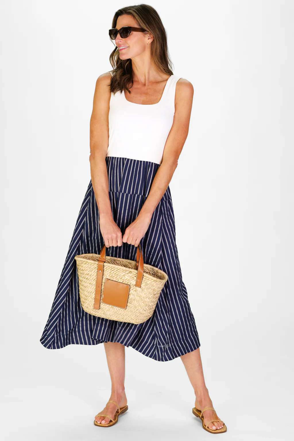 Jada Dress in Navy Linen Stripe | Duffield Lane
