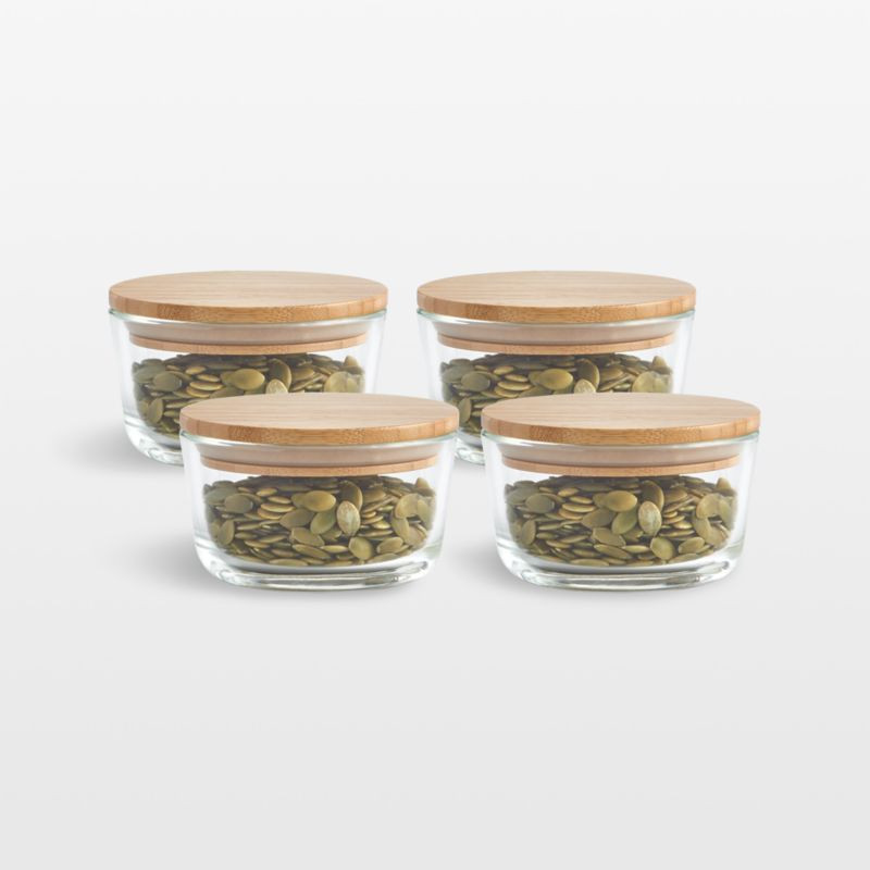 Crate & Barrel Round Glass Storage Container with Bamboo Lid, 1-cup, Set of 4 + Reviews | Crate &... | Crate & Barrel