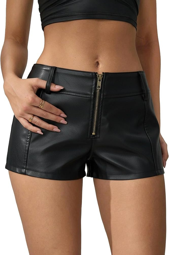 Women's PU Leather Shorts Micro Mini Shorts Y2k Sexy Low Waist Skinny Party Rave Club Hot Pants C... | Amazon (US)