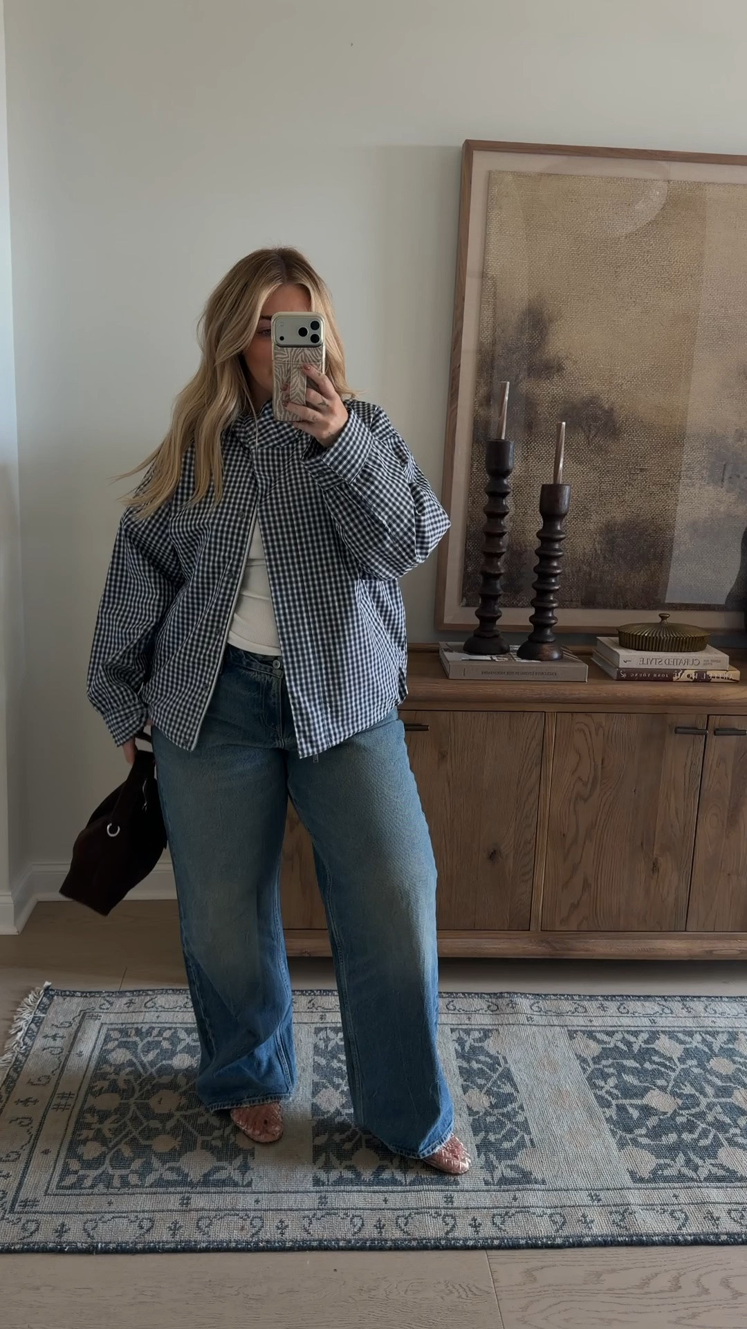 Tank — medium 
Jacket — large 
Jeans — curve love 32 long