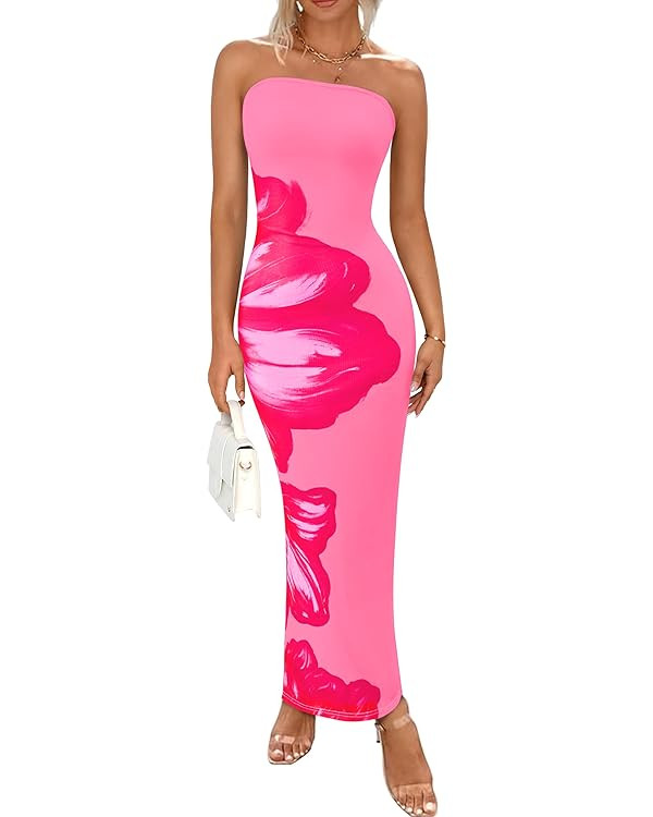 PRETTYGARDEN Women Summer Strapless Maxi Dress Bodycon Floral Sexy Long Wedding Guest Dress Forma... | Amazon (US)