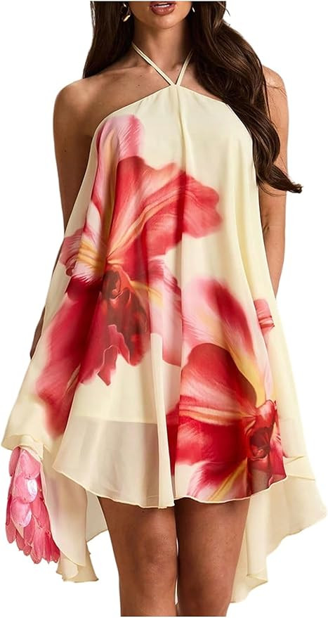 Amazon.com: BEAUDRM Women's Floral Halter Mini Dress Y2K Tie Backless Flowy Asymmetrical Beach Va... | Amazon (US)