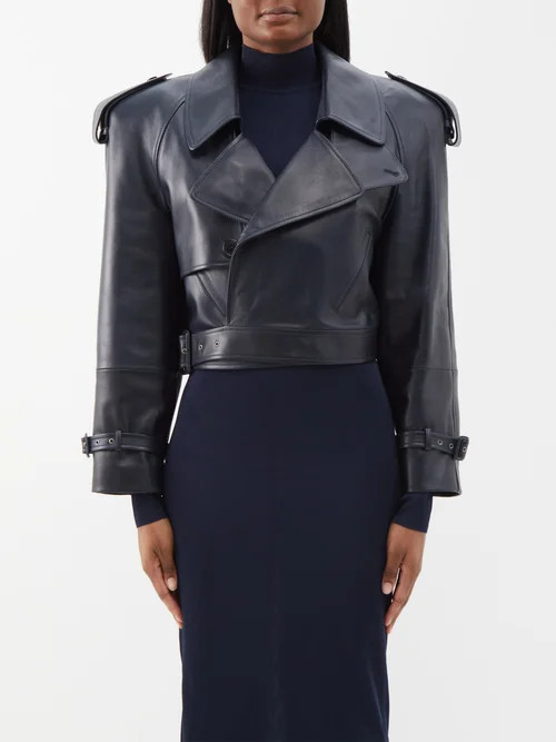 Saint Laurent - Cropped Leather Biker Jacket - Womens - Navy | Matches (US)