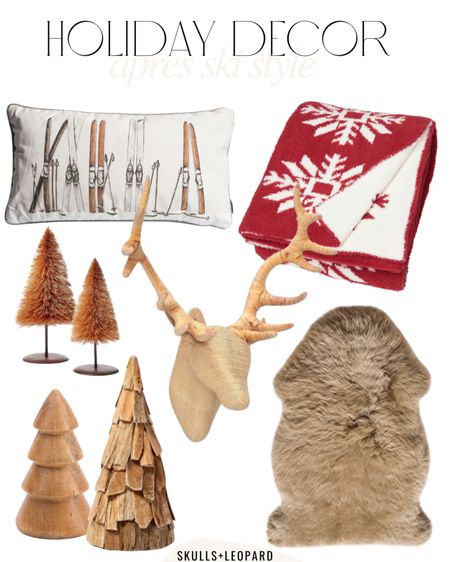 Apres ski decor, holiday decor, faux deer head., ski pillow, barefoot dreams Christmas dupe blanket, faux sheepskin, wood Christmas trees, bottlebrush trees 

#LTKHoliday #LTKhome #LTKSeasonal