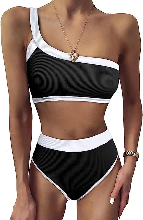 Herseas Women's High Waisted One Shoulder Swimsuits Color Block Bikini Two Piece Bathing Suits | Amazon (US)