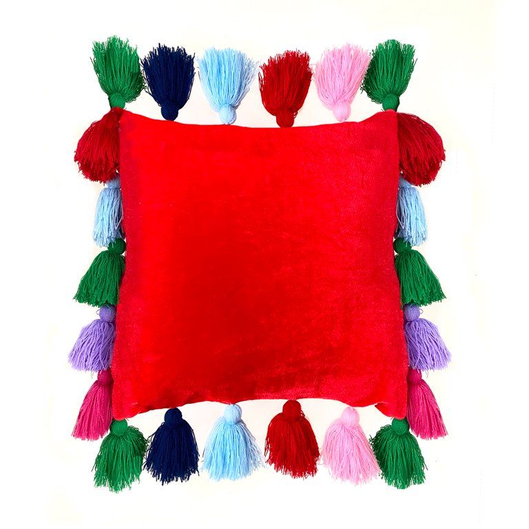 Packed Party Velvet Holiday Tassel-Pillow, Red 14"x14" Holiday Pillow with Multi-Color Tassels | Walmart (US)