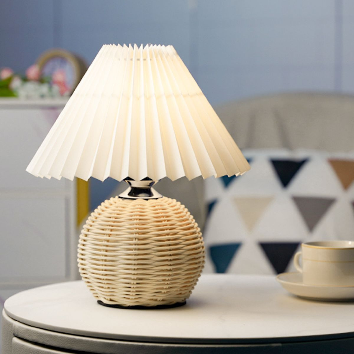 Pleated Skirt Table Lamp, Modern Nightstand Lamp with Beige Shade Rattan Metal Base, Table Lamp f... | Walmart (US)