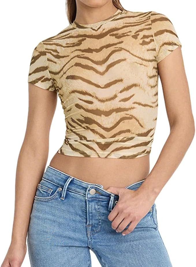 Print Going Out Tops for Women Short Sleeve See Through Cropped Shirts | Amazon (US)