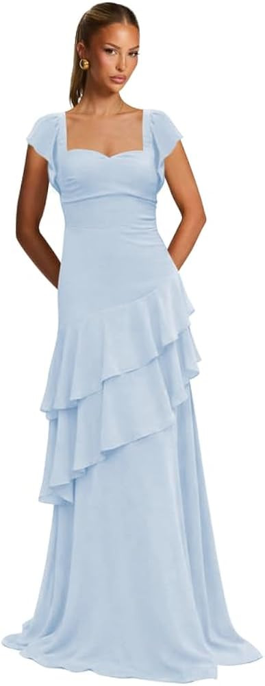 Tiered Ruffled Bridesmaid Dresses for Women Long Chiffon Maxi Dress A Line Formal Prom Gowns with... | Amazon (US)