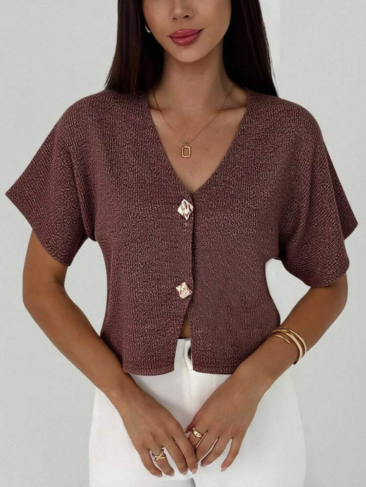 Aloruh New Arrival Brown Simple Fashionable Commuter Deep V-Neck Short Sleeve Thin Double-Breasted Cinched Waist Casual Versatile Cardigan | SHEIN