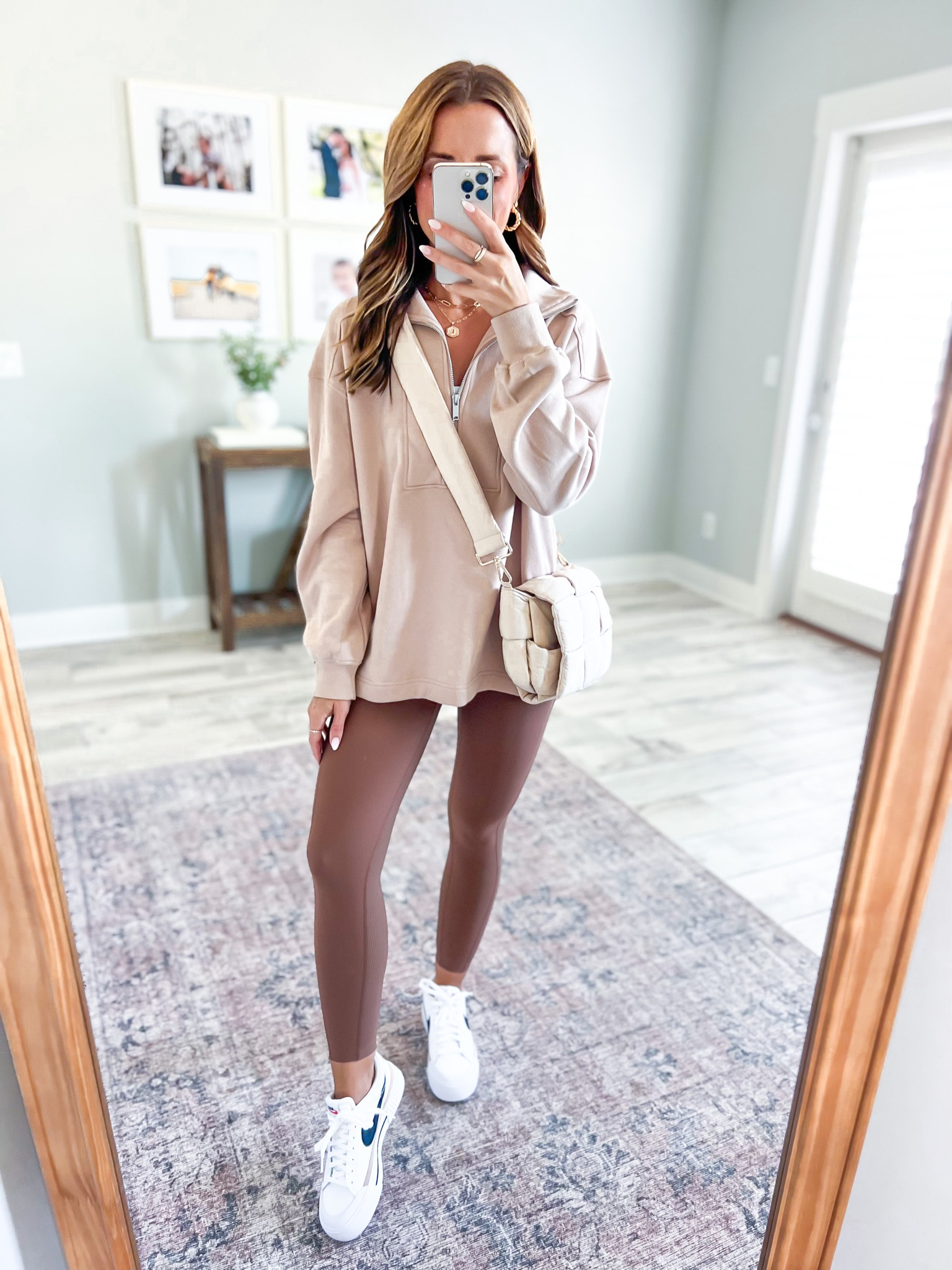 Old Navy half-zip tunic (XS petite). Old Navy power soft leggings (XS petite). Neutral outfit. Fall outfit. Travel outfit. Casual outfit. Nike court legacy lifts (runs a little big, I suggest sizing down half a size - that’s what I did). Amazon quilted purse. 

#LTKfindsunder50 #LTKshoecrush #LTKtravel