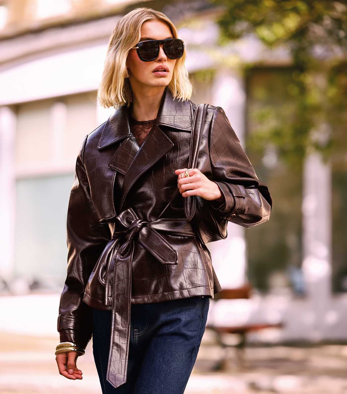 Dark Burgundy Patent Faux Leather Crocodile Embossed Tie Waist Jacket | New Look | New Look (UK)