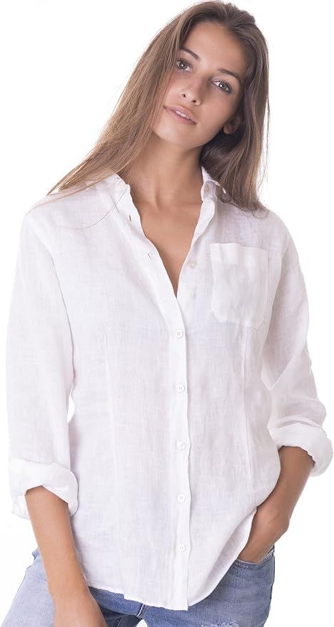 CAMIXA Womens 100% Linen Casual Shirts Slim Fit Button-Down Basic Blouse Top | Amazon (US)