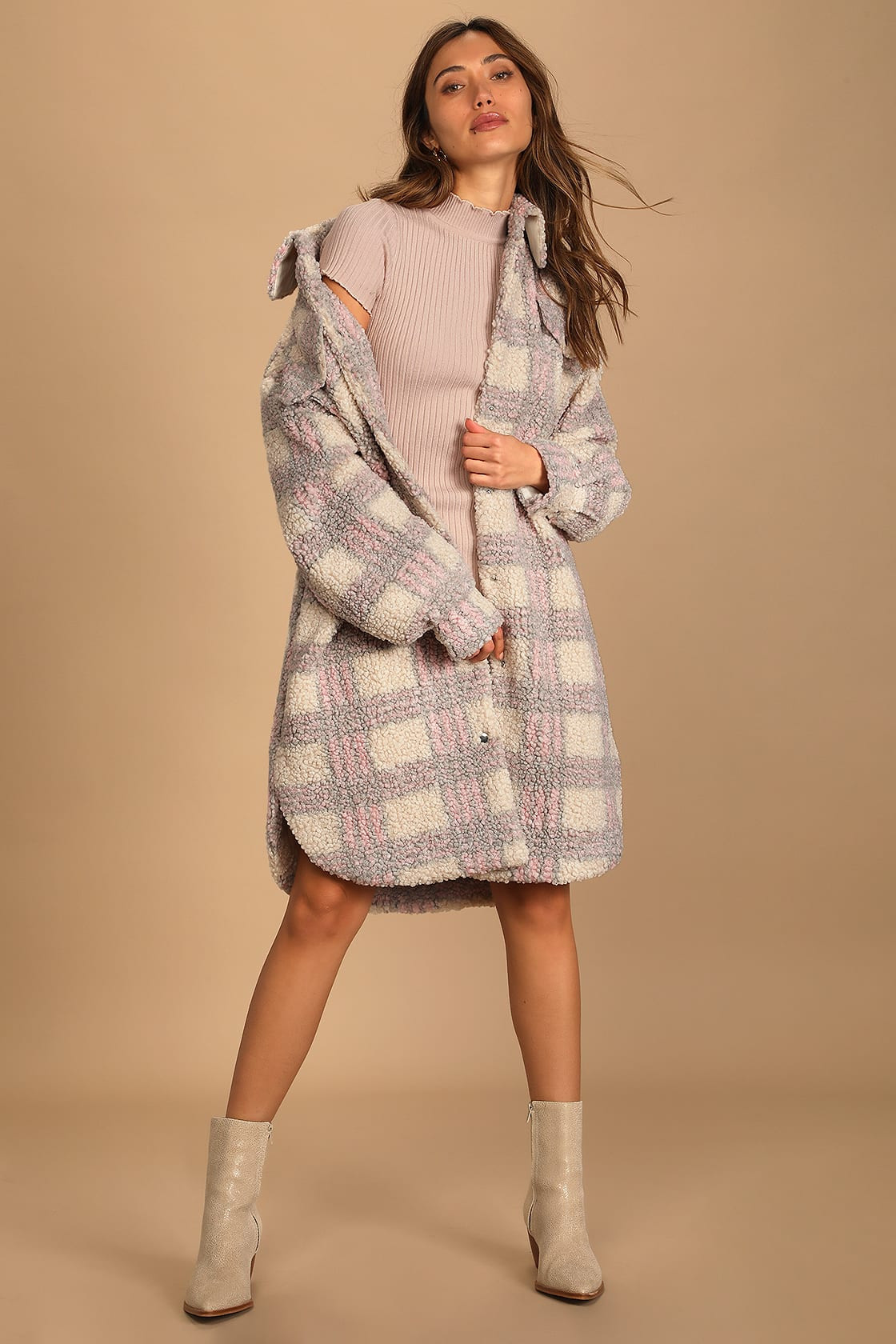 Winter Winds Beige Multi Plaid Shearling Jacket | Lulus (US)