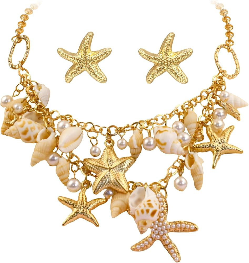 Sofeavo Mermaid Costume Accessories Women - Shell Necklace & Starfish Earrings - Seashell Beach M... | Amazon (US)