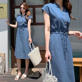 Cap-Sleeve Drawstring-Waist Denim Dress Blue - One Size | YesStyle Global