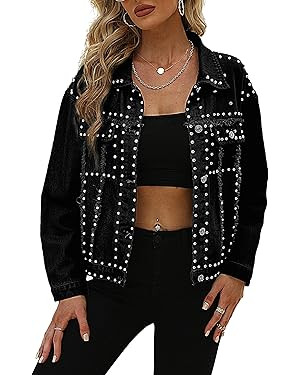 Gozoloma Women's Fashion Cropped Jean Jacket Lapel Long Sleeve Button Down Studded Short Rivet De... | Amazon (US)
